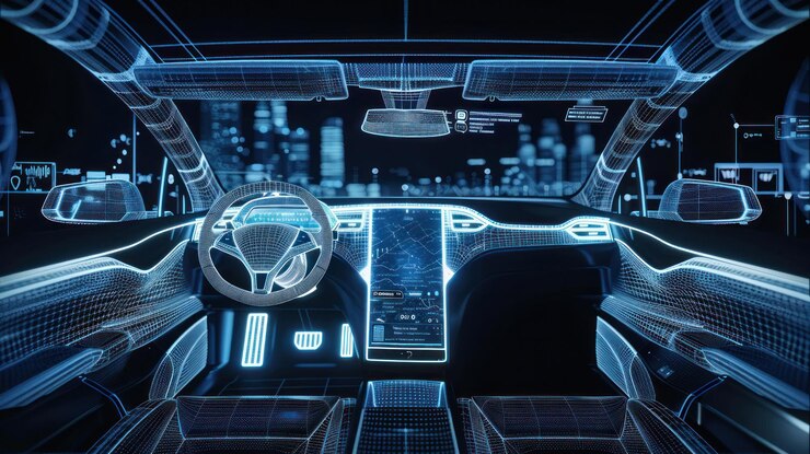 Renderización 3D del marco de alambre de un coche sin conductor con tecnología futurista