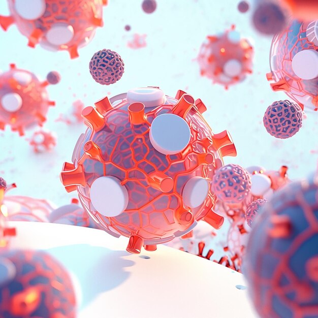 Renderización 3D de una matriz viral de un fondo médico abstracto con partículas de virus