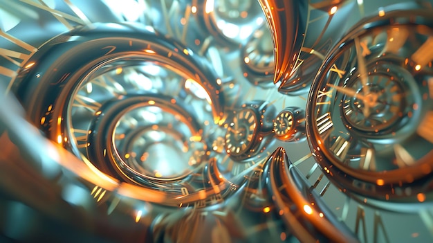 Renderización 3D de un mecanismo de reloj con elementos brillantes Fondo industrial abstracto con engranajes de reloj y metal brillante