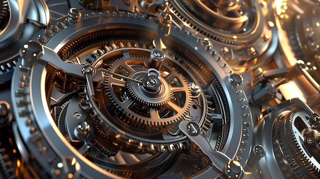 Renderización 3D de un mecanismo de reloj steampunk con engranajes y engranajos girando