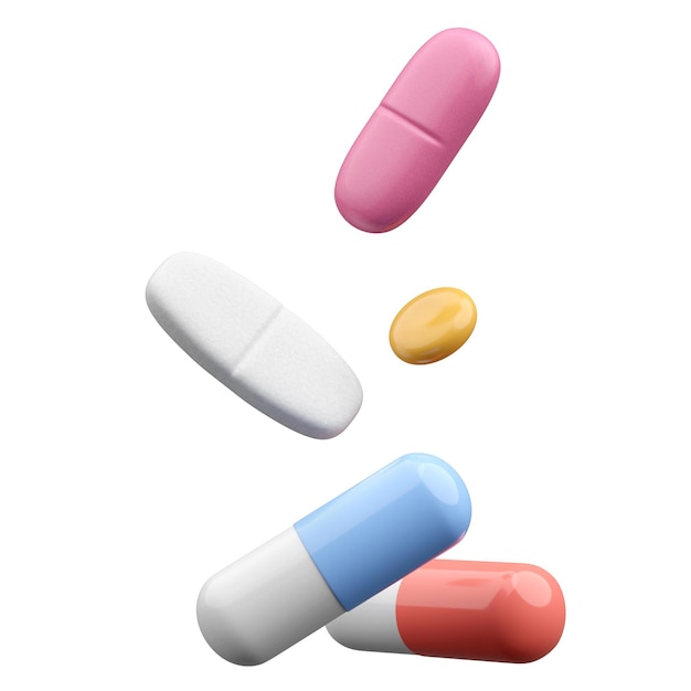 Renderización en 3D de medicamentos en comprimidos y cápsulas que caen