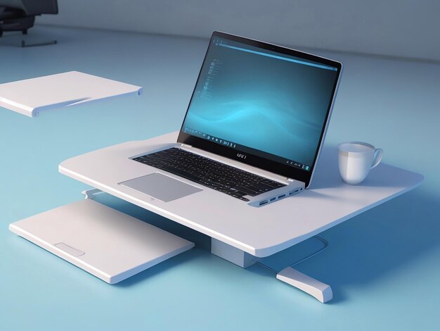 Renderización 3D de la mesa de escritorio del espacio de trabajo con portátil flotante y accesorios de oficina