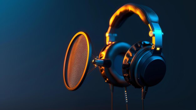 Foto renderización 3d de un micrófono y auriculares profesionales perfecto para la producción de música, podcasting y radiodifusión