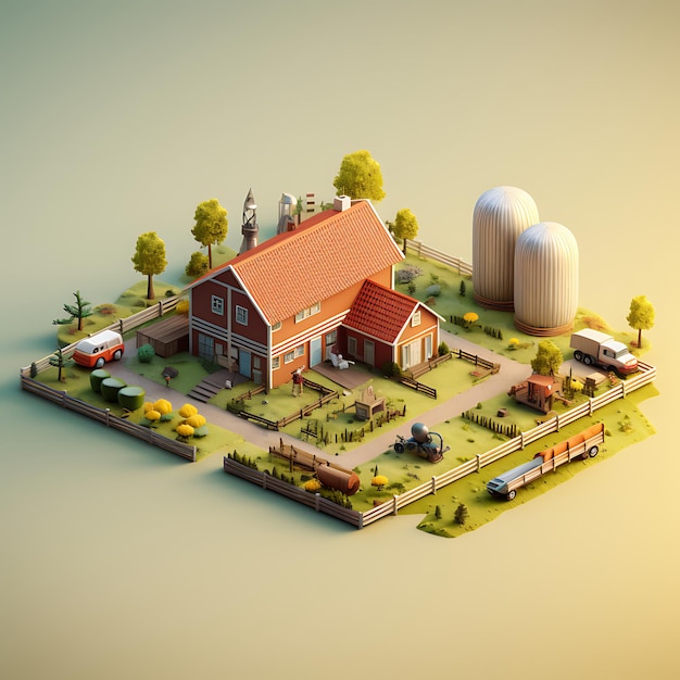 Renderización 3D de la miniatura isométrica de la ciudad de Farm Barn