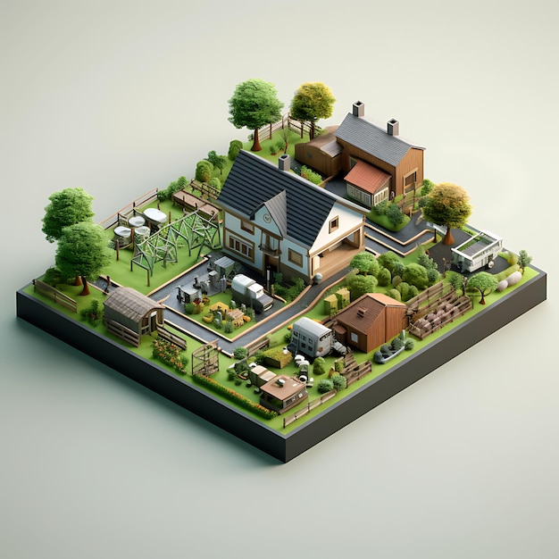 Renderización en 3D de la miniatura isométrica de la ciudad de Farmhouse