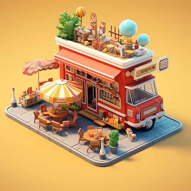 Renderización 3D de la miniatura isométrica de la ciudad de Food Cart