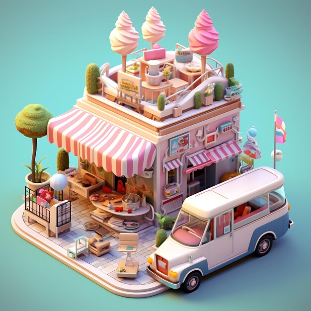 Renderización 3D de la miniatura isométrica de la ciudad de Ice Cream Cart