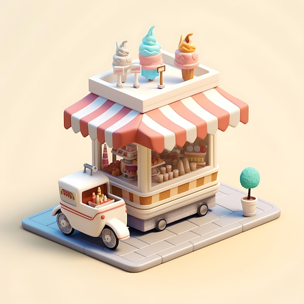 Renderización 3D de la miniatura isométrica de la ciudad de Ice Cream Cart