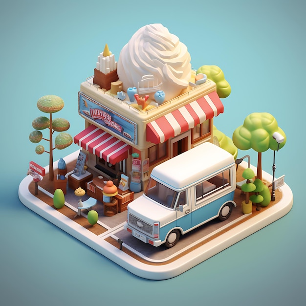 Renderización 3D de la miniatura isométrica de la ciudad de Ice Cream Truck