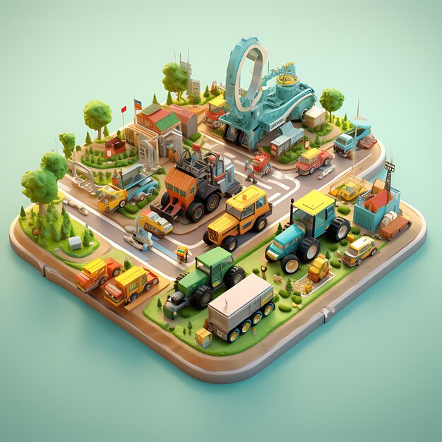 Renderización en 3D de la miniatura isométrica de la ciudad de los semáforos