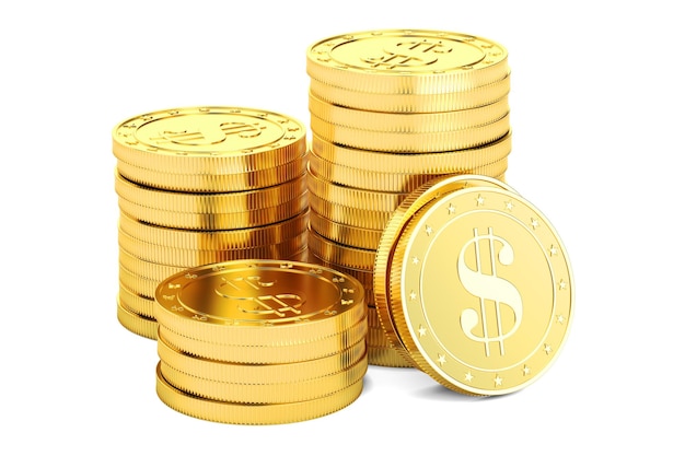 Renderización en 3D de monedas de oro en dólares