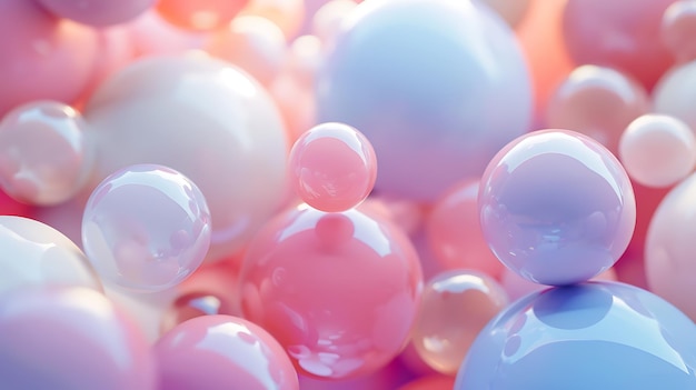 Renderización 3D de un montón de esferas de colores pastel de diferentes tamaños con un acabado superficial brillante