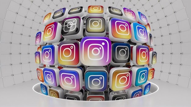 Renderización 3D de un montón de insignias cuadradas de Instagram con espacio de copia centrado