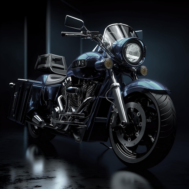 Renderización 3D de una motocicleta chopper azul sobre un fondo oscuro