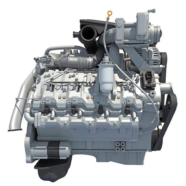 Renderización 3D del motor de automóvil V8 sobre un fondo blanco