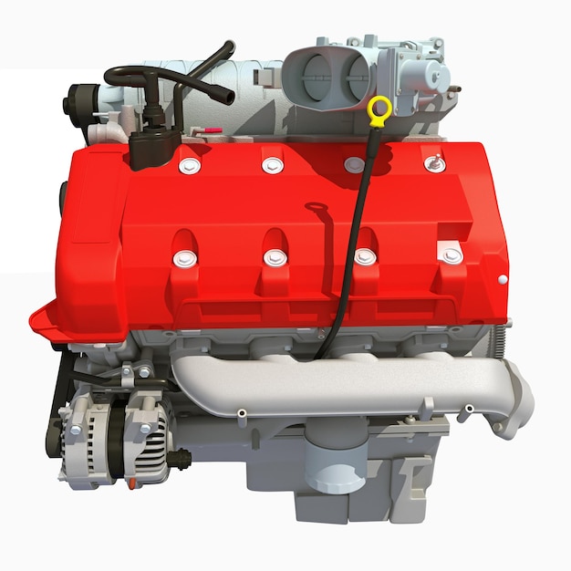 Renderización 3D del motor V8 sobre un fondo blanco