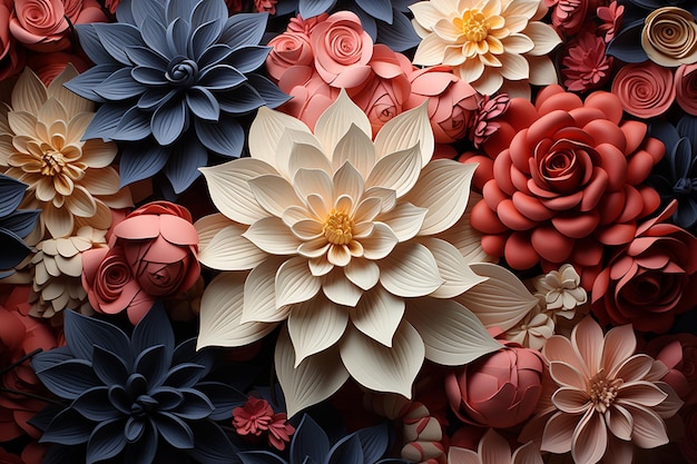 Renderización 3D de muchas flores de papel coloridas como fondo