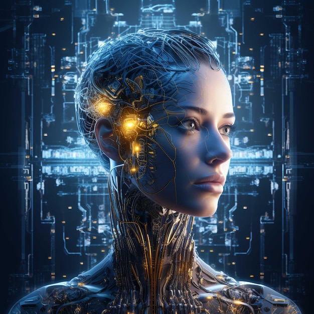 Renderización en 3D de una mujer cyborg con cerebro de circuito en fondo azul
