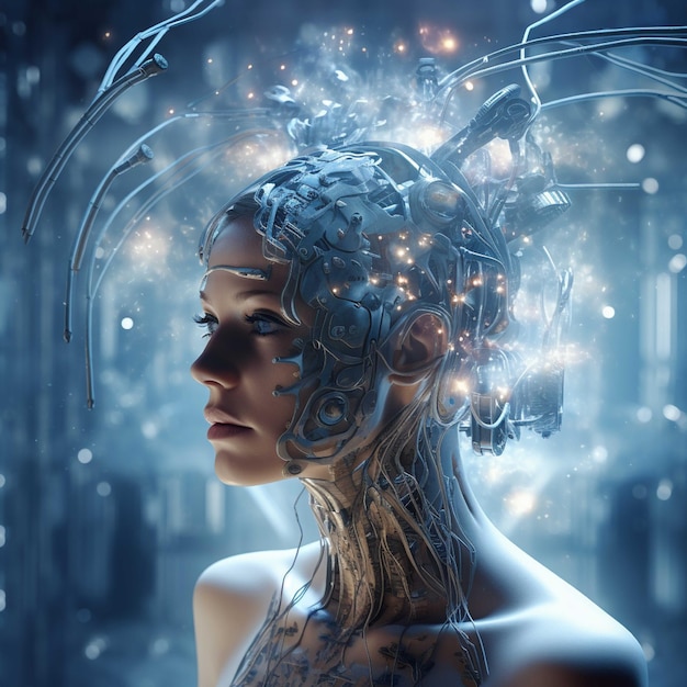 Renderización en 3D de una mujer cyborg con cerebro de circuito en fondo azul