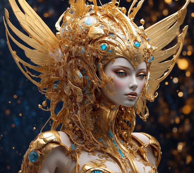 Renderización en 3D de una mujer de fantasía con alas doradas y maquillaje