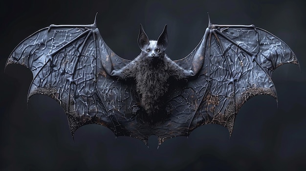 Renderización 3D de un murciélago vampiro con pelaje negro y ojos rojos