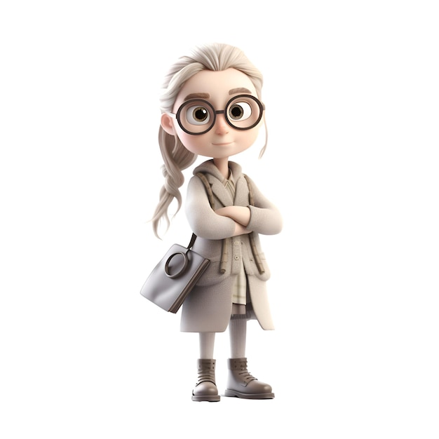 Renderización 3D de una niña linda con gafas y un abrigo con una bolsa