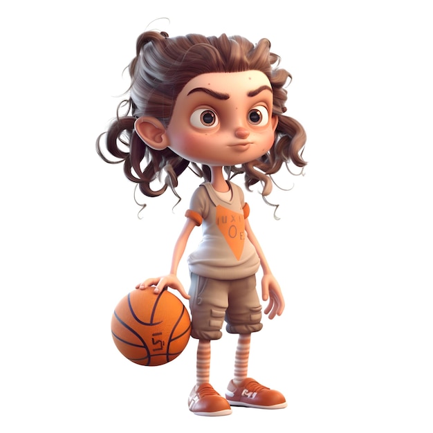Foto renderización 3d de una niña linda jugando al baloncesto aislada sobre un fondo blanco