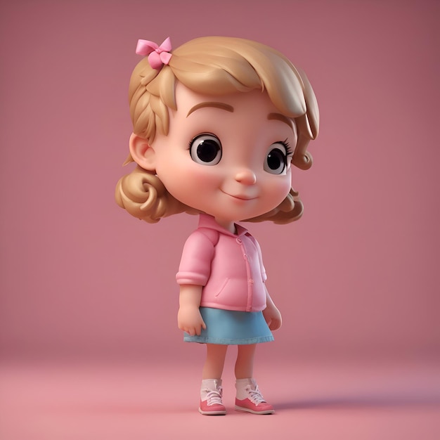 Foto renderización 3d de una niña linda con vestido rosa y lazo rosa