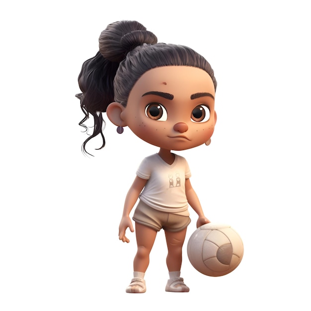 Renderización 3D de una niña con una pelota de fútbol aislada sobre un fondo blanco