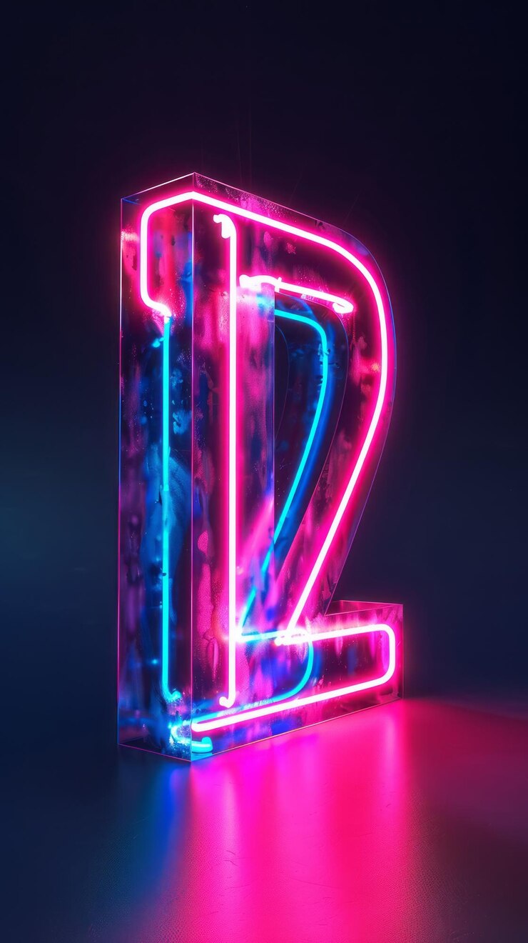 Foto renderización 3d del número 12 brillante en luz de neón rosa y azul