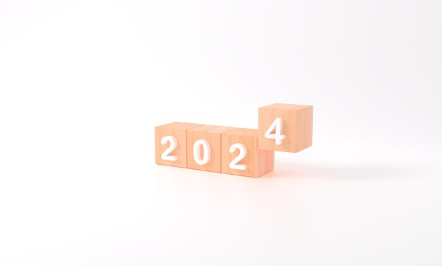 Foto renderización 3d de los objetivos comerciales en el concepto de 2024 feliz año nuevo cubos de madera 2024 con fondo blanco espacio de copia para su plan de negocios inicial ilustración objetivo mínimo simple año calendario