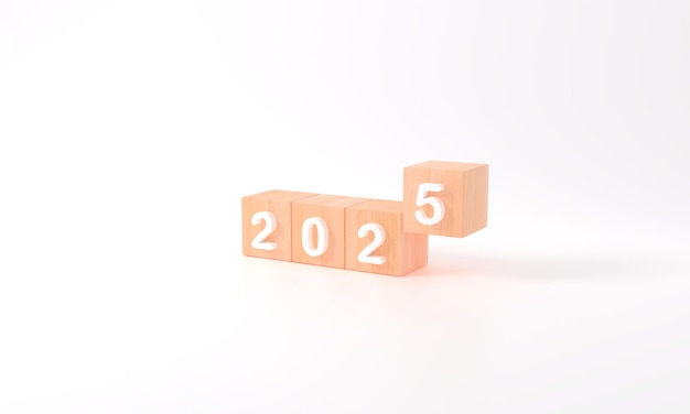 Renderización 3D de los objetivos comerciales en el concepto de 2025 Feliz año nuevo cubos de madera 2025 con fondo blanco espacio de copia para su plan de negocios inicial ilustración objetivo mínimo simple año calendario