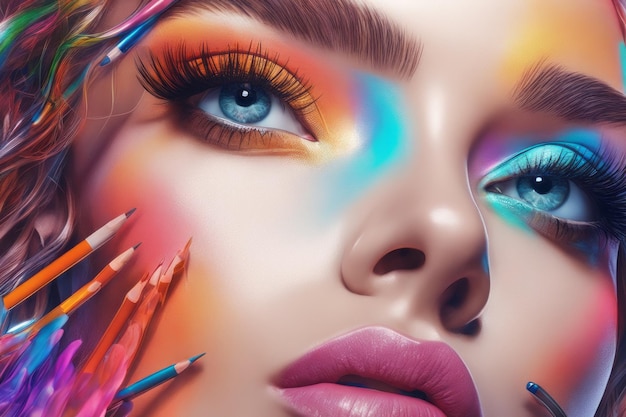 Renderización 3D de un ojo femenino con formas geométricas abstractas y coloridas Renderización 3D de un ojo femenino con