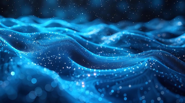 Renderización 3D de ondas digitales azules abstractas con profundidad de campo y efecto bokeh