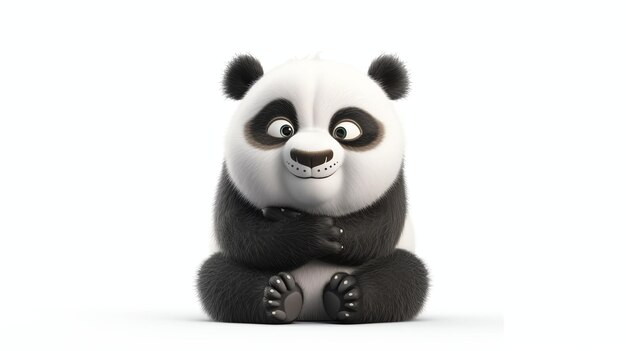 Renderización 3D de un oso panda lindo y acurrucado sentado sobre un fondo blanco