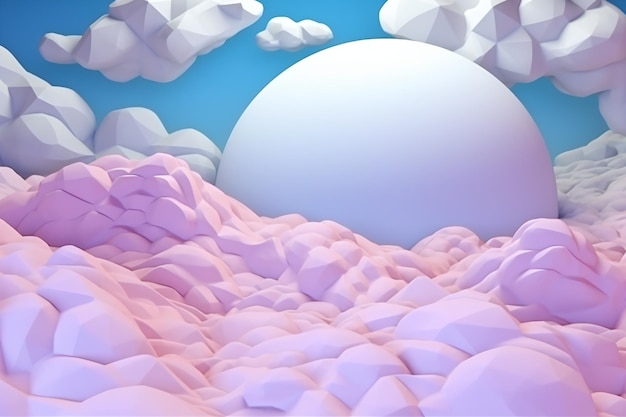 Renderización 3D de un paisaje rosa y azul con nubes y una gran esfera blanca