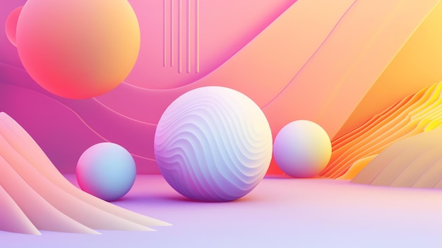 Renderización 3D de un paisaje surrealista con gradientes rosados y amarillos