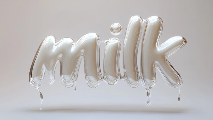 Foto renderización 3d de la palabra de leche líquida con esculturas de vidrio fluido en fondo blanco