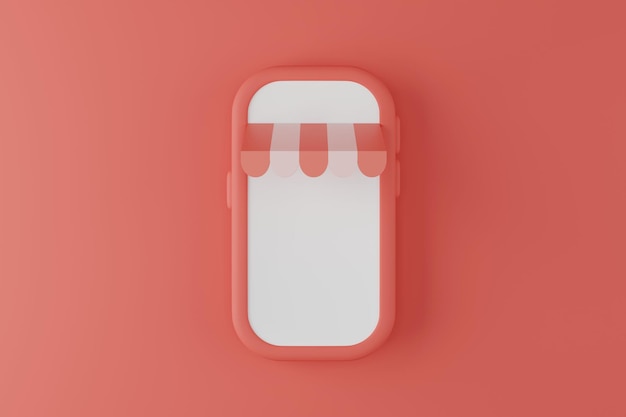 Renderización 3D de pantalla plana en blanco teléfono inteligente rojo compras en línea marketing en fondo rojo
