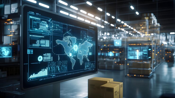 Foto renderización en 3d de la pantalla del software de planificación de inventarios en el entorno del almacén