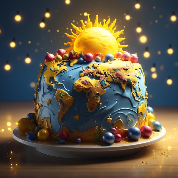 Renderización 3D de un pastel de cumpleaños en forma de Tierra con un sol amarillo brillante y un cielo Generado por Ai