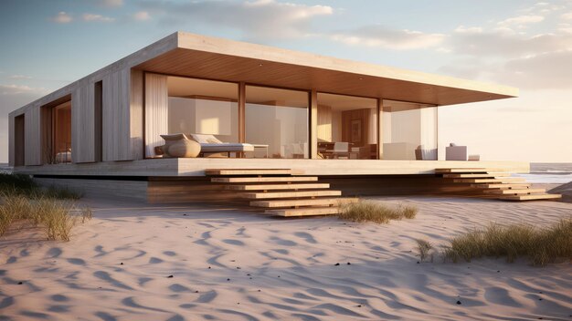 Foto renderización 3d de una pequeña casa en una playa del mar el océano es visible en la distancia