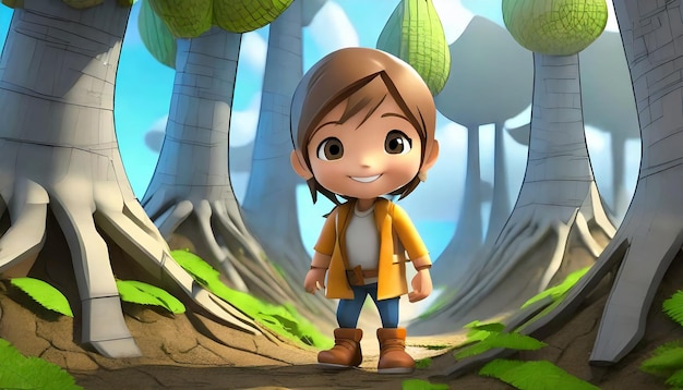 Renderización en 3D de un personaje de dibujos animados explorando como un bosque