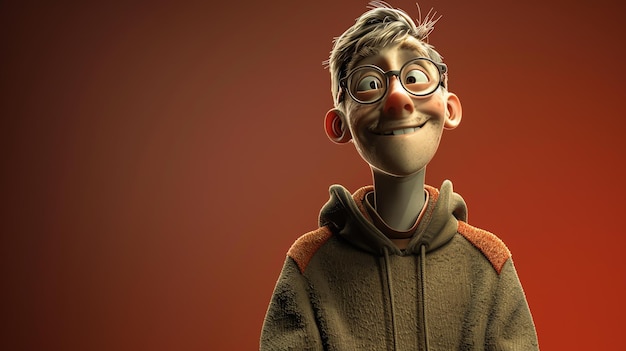 Renderización 3D de un personaje de dibujos animados gracioso Él lleva gafas un suéter marrón y tiene una gran sonrisa en la cara Él está mirando a la cámara