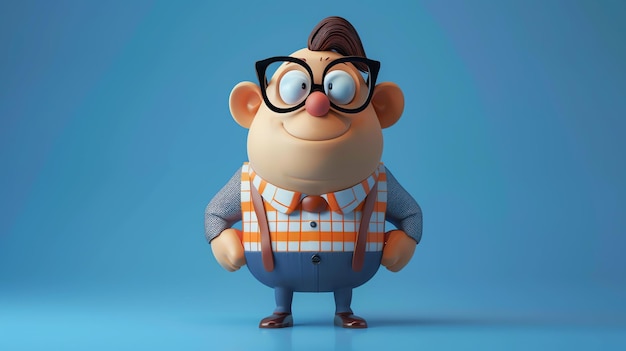 Renderización 3D de un personaje de dibujos animados gracioso El personaje es un hombre con gafas una camisa a cuadros y tirantes