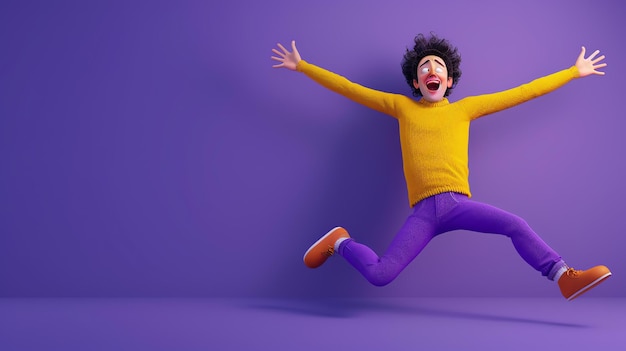 Renderización 3D de un personaje de dibujos animados saltando en el aire de alegría Él lleva un suéter amarillo vaqueros azules y zapatos marrones