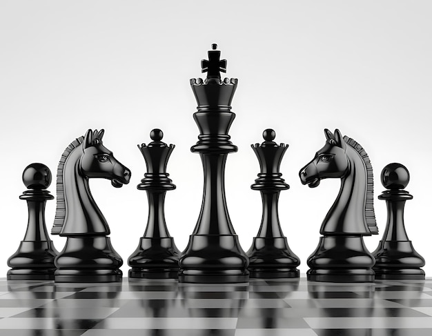Renderización 3D de una pieza de caballo de ajedrez negro en cuatro vistas angulares diferentes sobre un fondo blanco
