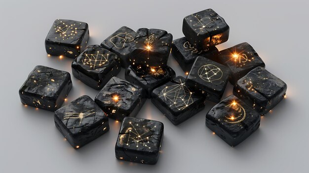 Renderización 3D de una pila de cubos de piedra negra con símbolos dorados brillantes en cada cubo Los cubos están esparcidos al azar en una superficie blanca