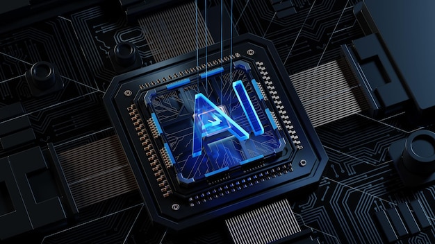 Renderización 3D de la placa de circuito de cyberpunk AI Antecedentes tecnológicos Procesadores centrales de computadoras Concepto de CPU y GPU Placa madre chip digital Antecedentes tecnológicos