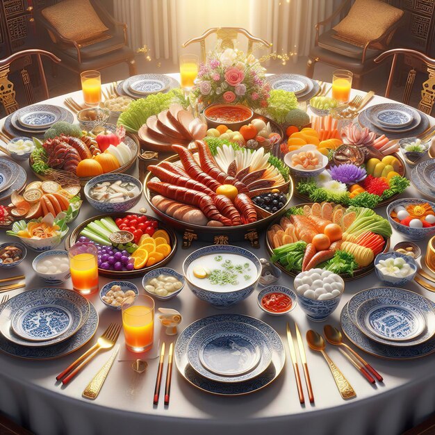 Renderización en 3D de los platos de la cena de la reunión china